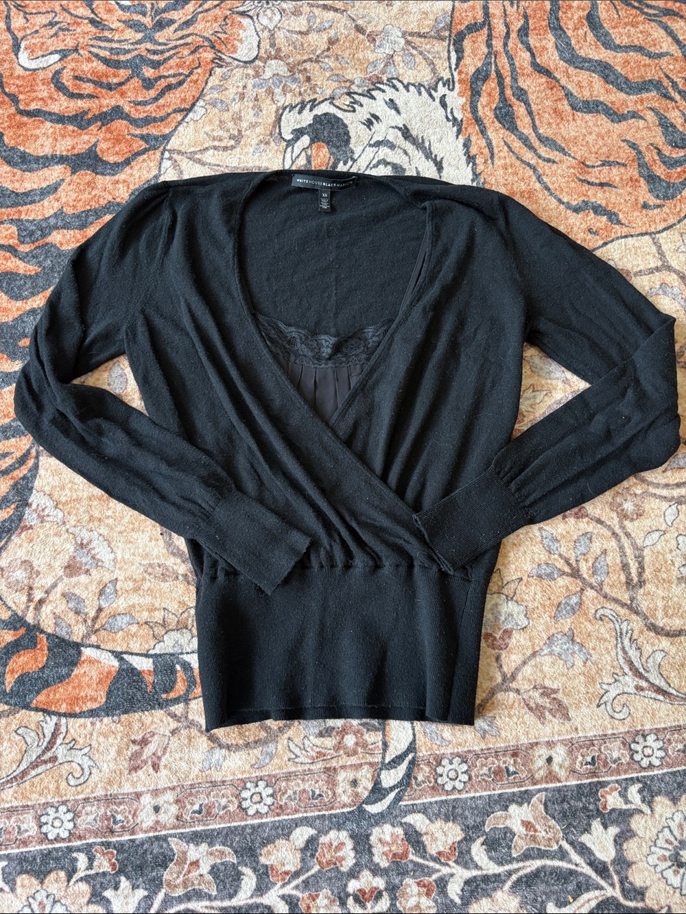 WHITE HOUSE BLACK MARKET Black Lace-Inset Wrap Pullover